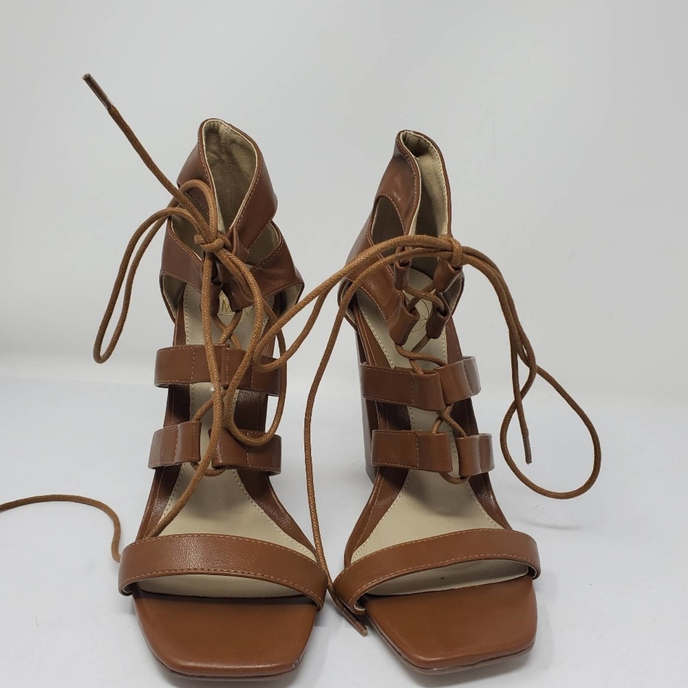 Missguided brown strappy faux leather lace up chunky heels Size 40 - Picture 2 of 7